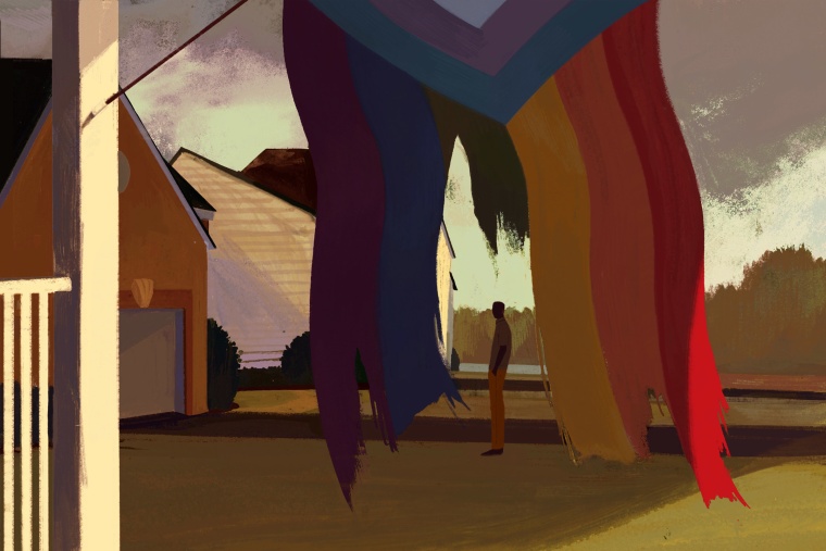Illustration of a torn PRIDE flag hanging from the porch of a house. A man's silhouette is seen through the tear.