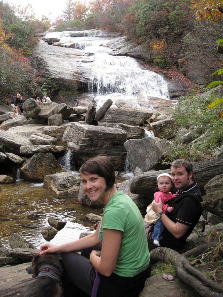Amre Klimchak with her family at a waterfall