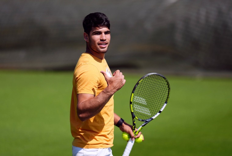 Carlos Alcaraz practicing for Wimbledon 2024.