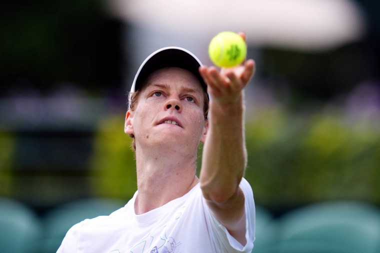Jannik Sinner practices for Wimbledon 2024.