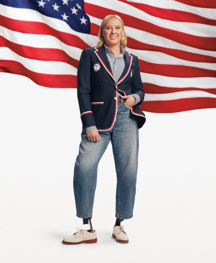 Swimmer Jessica Long models Ralph Lauren's Team USA  opening ceremony uniform for the 2024 Paris Olympics.