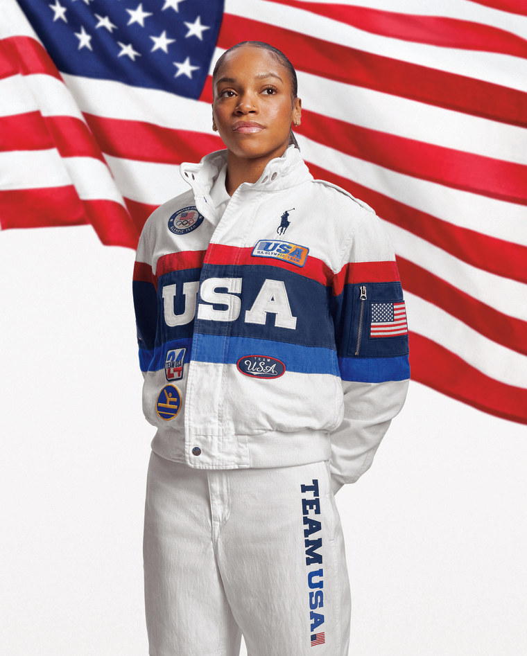 Gymnast Shilese Jones models Ralph Lauren's Team USA closing ceremony uniform for the 2024 Paris Olympics.