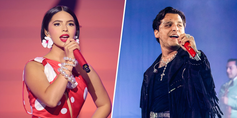 On the left, Angela Aguilar sings in a red dress with flower earrings. On the right, Nodal sings in all black.