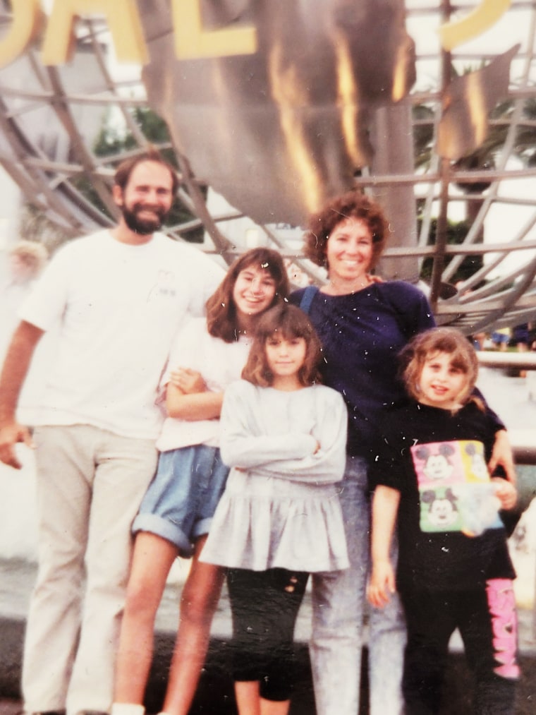 Old family photo taken in front of the universal studios globe