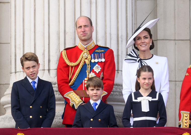 Prince George of Wales, Prince William, Prince of Wales, Prince Louis of Wales, Princess Charlotte of Wales and Catherine, Princess of Wales on the balcony of Buckingham Palace during Trooping the Colour on June 15, 2024 in London, England.