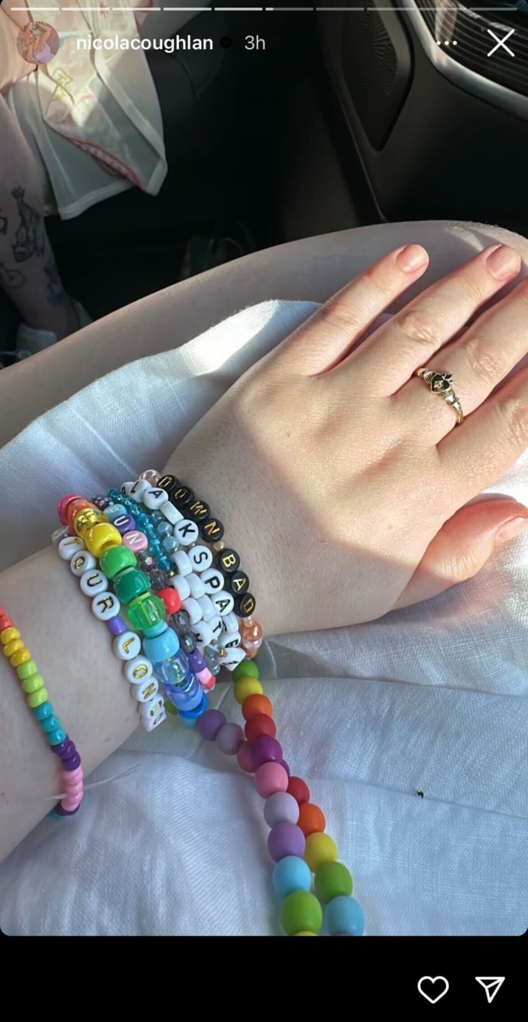 Nicola Coughlan shares a shot of her friendship bracelets for Taylor Swift's concert in London. 