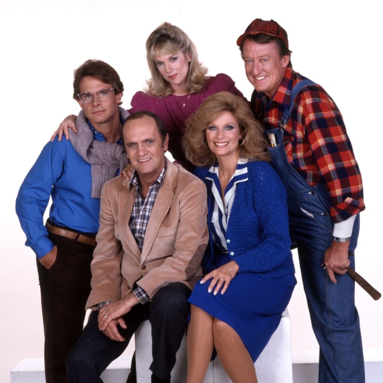 The cast of "Newhart," with back row, Peter Scolari as Michael Harris, Julia Duffy as Stephanie Vanderkellen, Tom Poston as George Utley and front row, Bob Newhart as Dick Loudon and Mary Frann as Joanna Loudon. The series ran from October 25, 1982 to May 21, 1990.