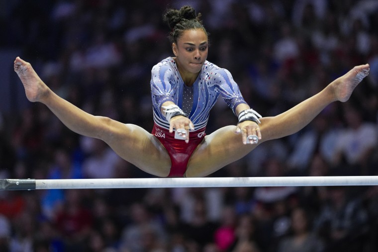 Hezly Rivera competes on the uneven bars at the U.S. Gymnastics Trials on Sunday.