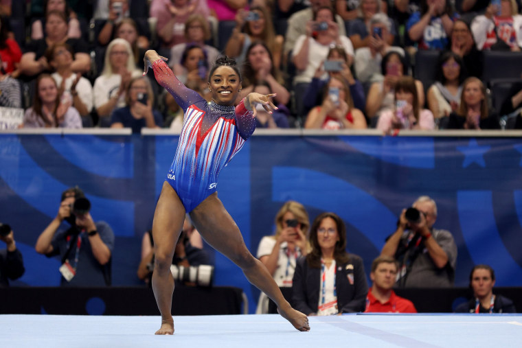 Simone Biles competes in the floor exercise at the U.S. Olympic Team Gymnastics Trials.