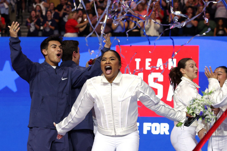 Jordan Chiles reacts after being selected for the U.S. Olympic Women's Gymnastics Team