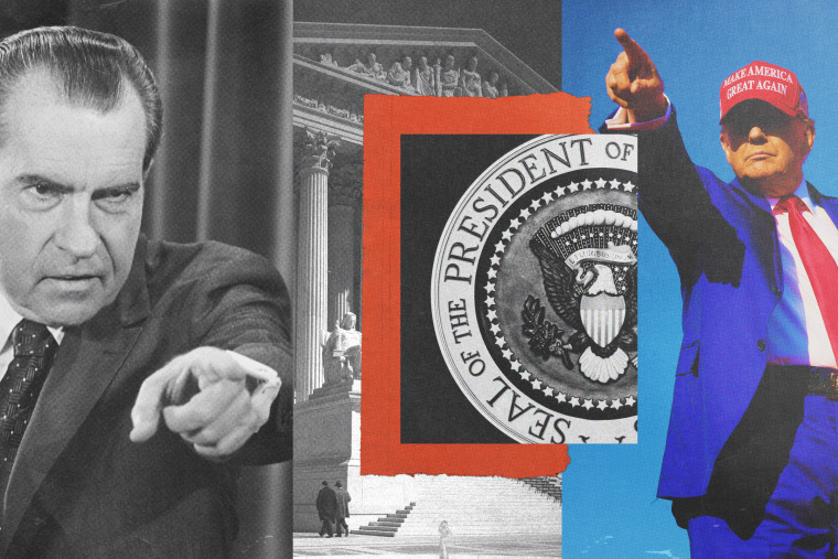Former President Richard Nixon points; The Supreme Court in Washington; the Presidential seal; former President Donald Trump points at a campaign rally.