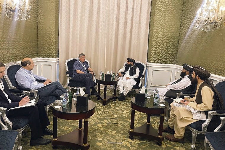 A Taliban delegation is attending a United Nations-led meeting in Qatar on Afghanistan after organizers said women would be excluded from the gathering. The two-day meeting is the third U.N.-sponsored gathering on the Afghan crisis. (Taliban Spokesman Office via AP)