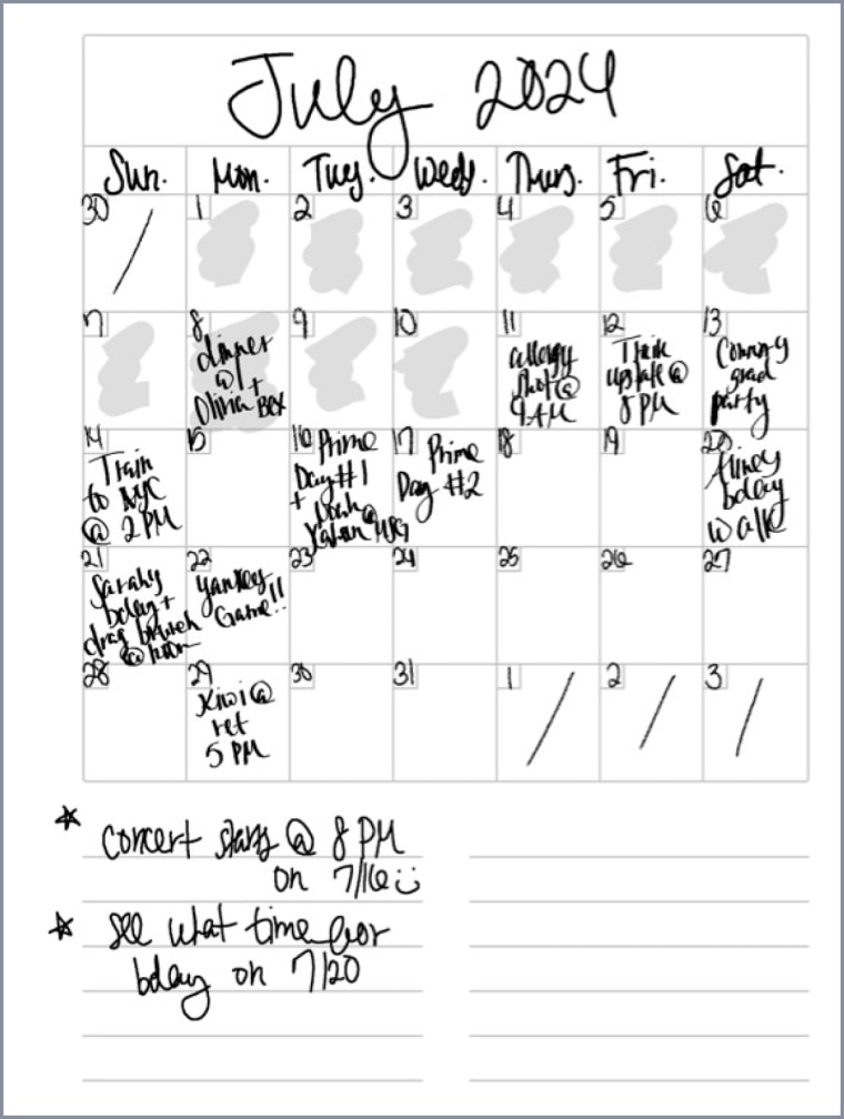 An image of a "July 2024" calendar with plans written in it plus notes at the bottom following up on plans.