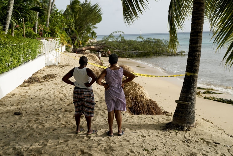 Residents look out at a fallen tree after Hurricane Beryl hit St. James, Barbados.