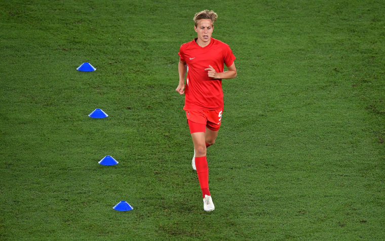 Canada's midfielder Quinn warm up prior the Tokyo 2020 Olympic Games women's final football match between Sweden and Canada at the International Stadium Yokohama in Yokohama on Aug. 6, 2021.