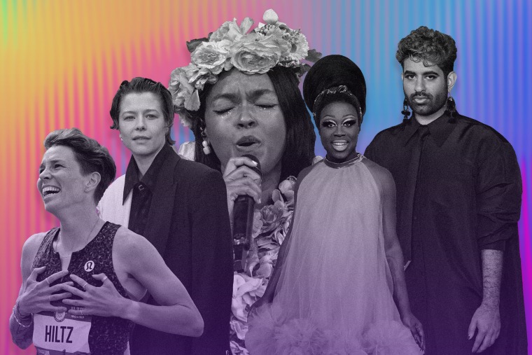 A photo-collage of Nikki Hiltz, Emma D’Arcy, Janelle Monáe, Bob the Drag Queen, Alok Vaid-Menon