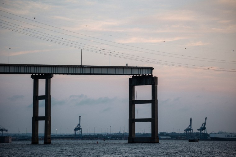 The Francis Scott Key Bridge at the southwest side of the Patapsco River on Wednesday, months after it collapsed. 