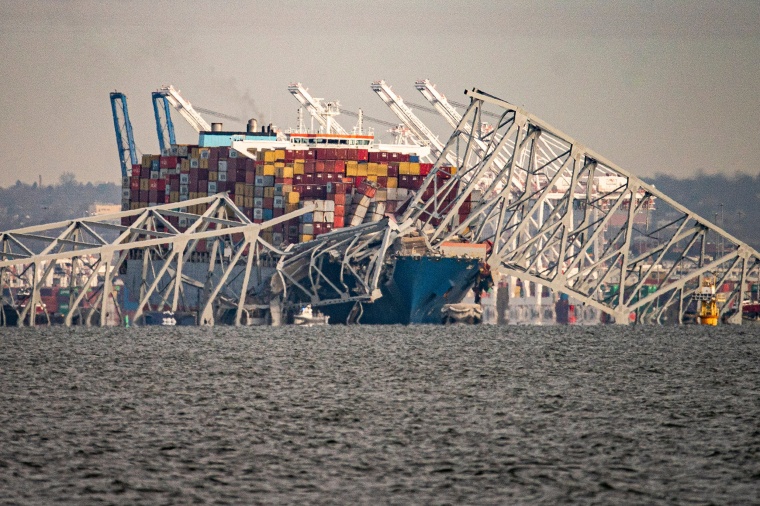 The Dali container vessel after striking the Francis Scott Key Bridge, which collapsed into the Patapsco River in Baltimore, in March. 