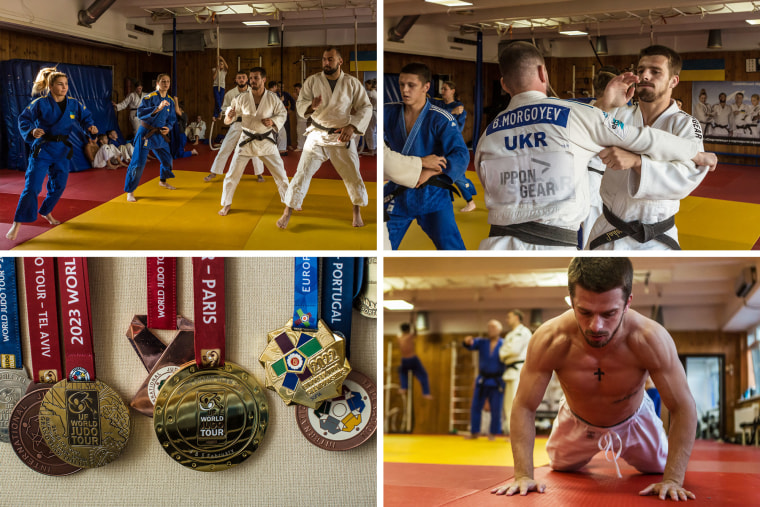 Bogdan Iadov during a training session in Kyiv in 2023. Bottom left: Competition medals at Iadov's home in Kyiv.