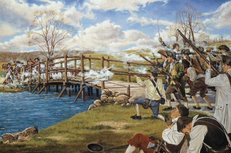 A painting depicting the battle at North Bridge in Concord, Mass., on April 19, 1775. 