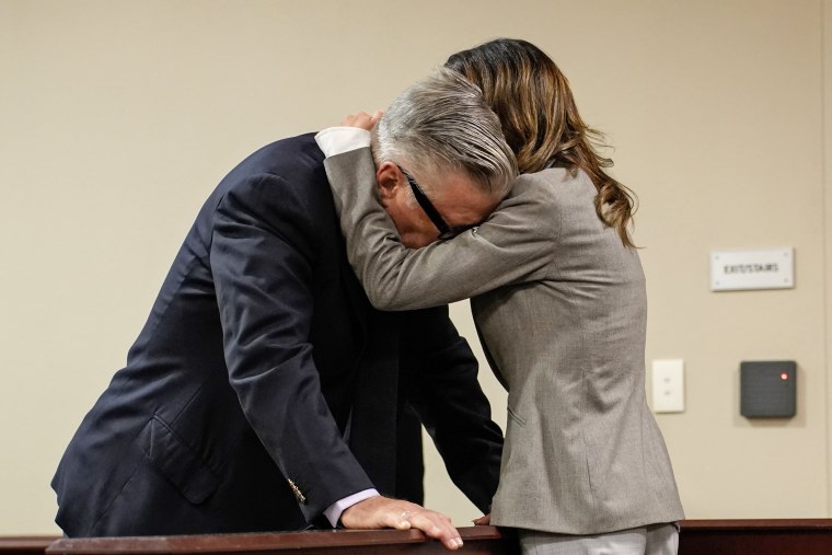 Hilaria Baldwin speaks to her husband, Alec Baldwin, during his trial on involuntary manslaughter in First Judicial District Court on July 12, 2024 in Santa Fe, N.M.