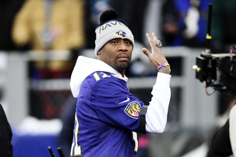 Former Baltimore Ravens player Jacoby Jones is recognized before a divisional playoff game between the Houston Texans and the Ravens on Jan. 20, 2024, in Baltimore. 