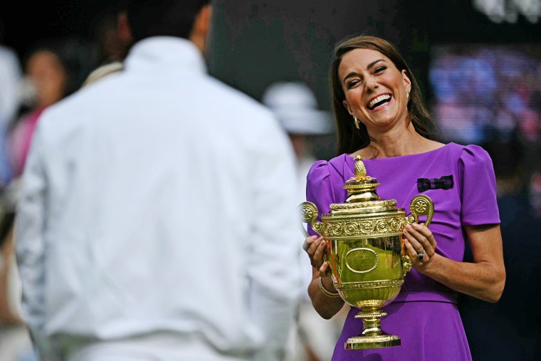 Kate, Princess of Wales, presents the Wimbledon winner's trophy to Spain's Carlos Alcaraz