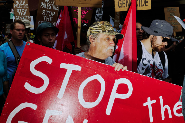 Participants in the Coalition to March on the RNC protest the war in Gaza in Milwaukee on July 15, 2025.