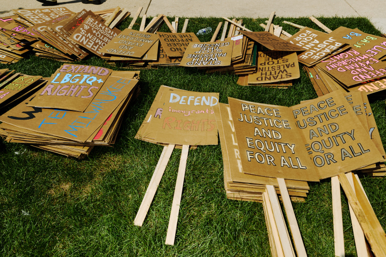 Protesters march near the Republican National Convention in Milwaukee, on July 15, 2024. 