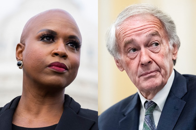 A split side by side of Ayanna Pressley and Ed Markey