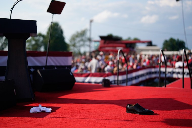 A shoe is left on the stage during a campaign rally for former President Donald Trump 