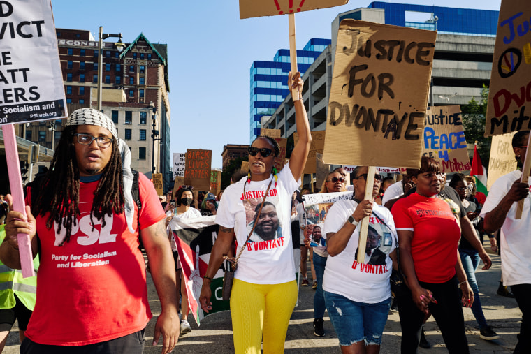 The Coalition to March on the Republican National Convention leads a protest in Milwaukee last month over the deaths of D’Vontaye Mitchell and Sam Sharpe Jr., on July 18, 2024.