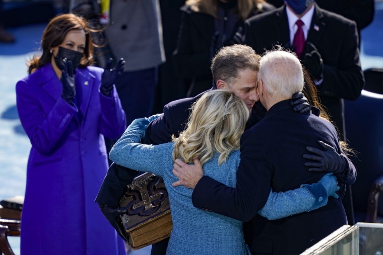 Image: President Joe Biden hugs his son Hunter, daughter Ashley and wife, Jill, after his swearing in as the 46th President of the United States at the Capitol on Jan. 20, 2021.