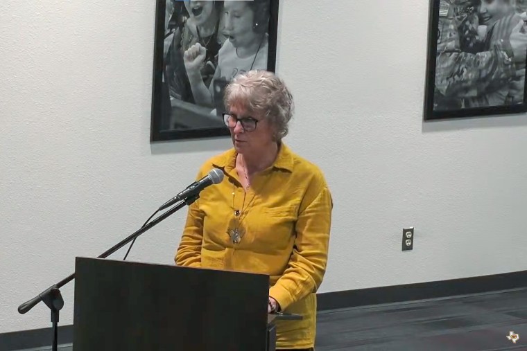 Karen Lowrey speaks at a Granbury ISD School Board Meeting on April 25, 2022.