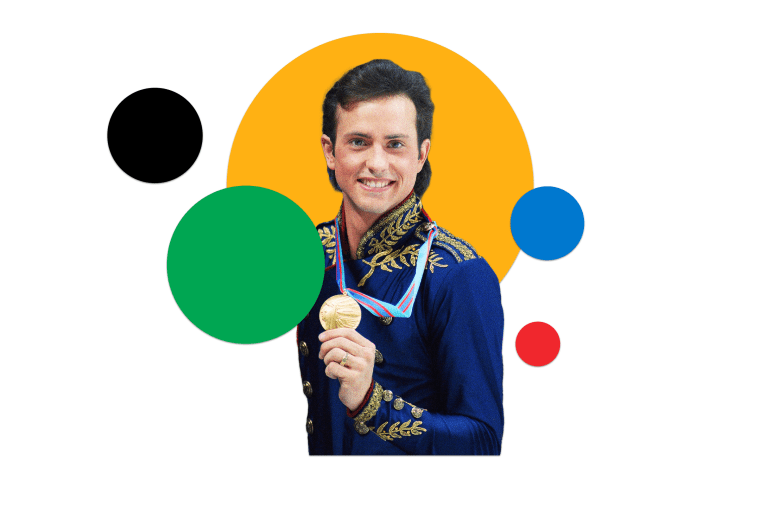 Brian Boitano surrounded by colorful circles.