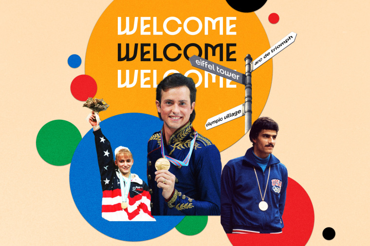 Shannon Miller, Brian Boitano and Mark Spitz on an array of colorful circles, along with signage for the Paris 2024 Olympic Games.