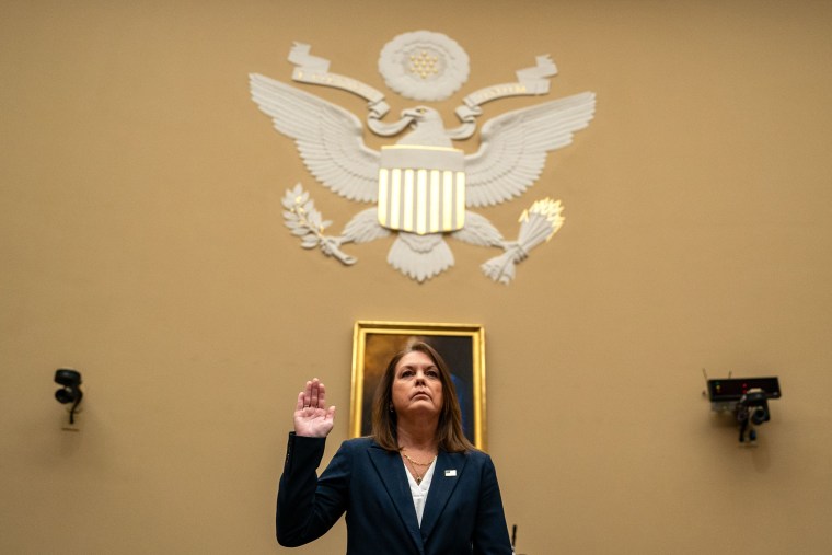 Secret Service Director Kimberly Cheatle is sworn in Monday before testifying during a House hearing on the shooting. She resigned on Tuesday.