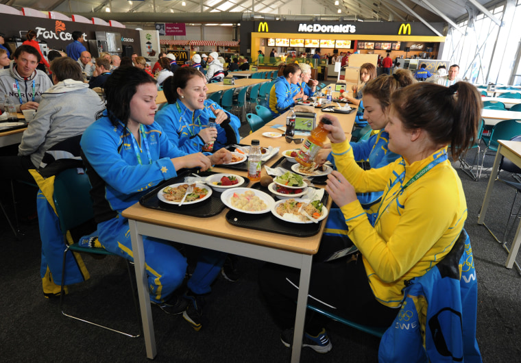 The Swedish women's hockey team at the dining hall at the Olympic Village in downtown Vancouver in 2010.