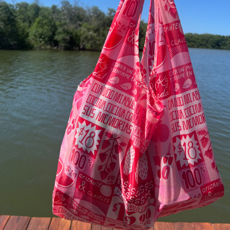 Close-up of Mili Godio on a dock with the Mercado print standard Baggu.