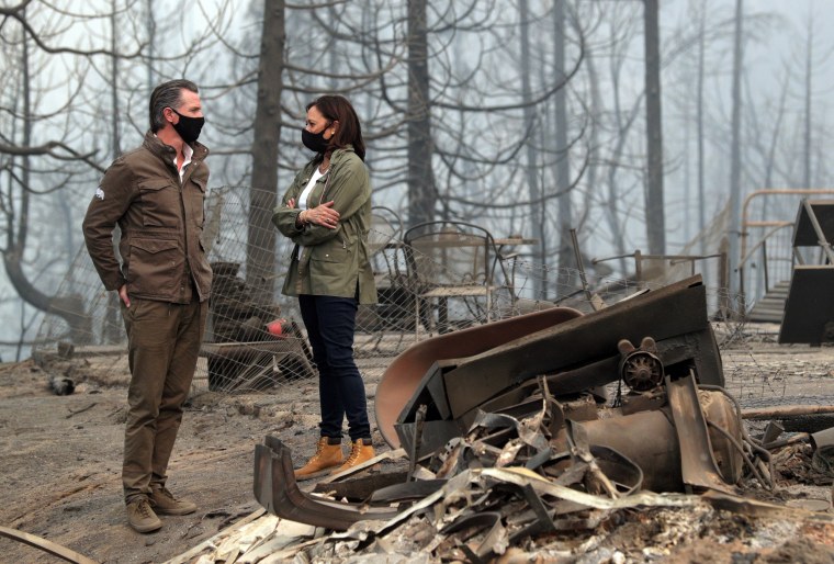 Democratic vice presidential nominee Sen. Kamala Harris meets with Gov. Gavin Newsom and CalFire officials to review the devastation of the Creek Fire in Pineridge, California, on Tuesday, September 15, 2020.