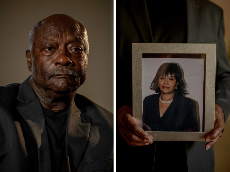 A diptych with a portrait of Terry Belk and Belk holding a portrait of his wife