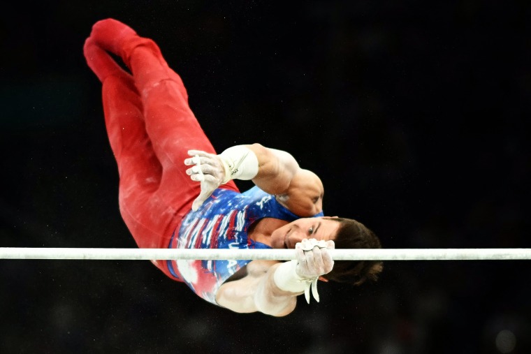 US' Brody Malone competes in the horizontal bar event of the at the Paris 2024 Olympic Games at the Bercy Arena in Paris, on July 27, 2024.