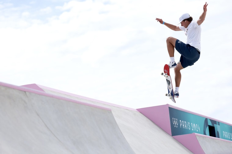 Jagger Eaton of Team United States trains during a Skateboarding Training Session at La Concorde ahead of the Paris 2024 Olympic Games on July 25, 2024 in Paris, France. 