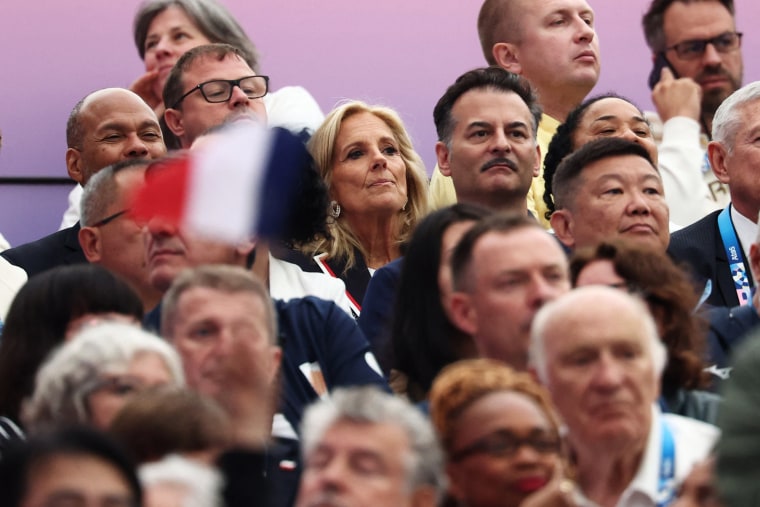 First Lady Jill Biden attends the fencing competition during the Paris 2024 Olympic Games at the Grand Palais in Paris, on July 27, 2024.