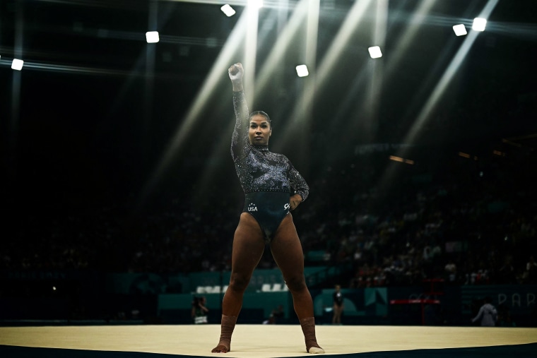 Jordan Chiles competes in the floor exercise event of the artistic gymnastics women's qualification during the Paris 2024 Olympic Games at the Bercy Arena in Paris, on July 28, 2024.