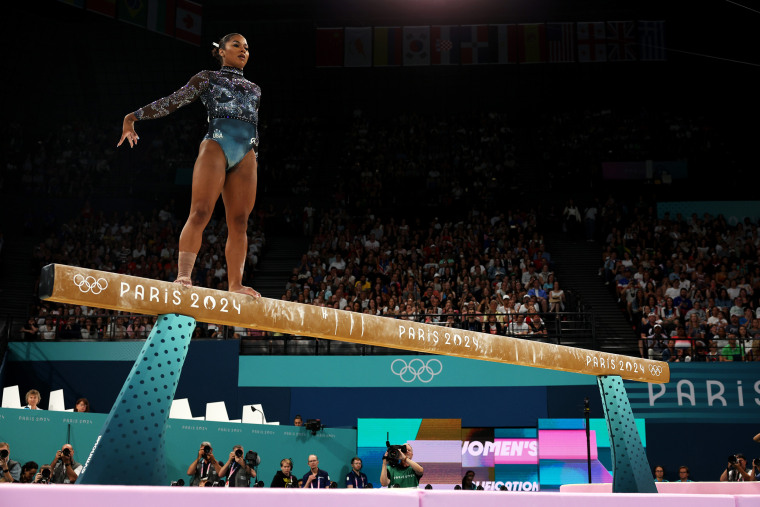 Jordan Chiles of Team United States competes on the balance beam during the Artistic Gymnastics Women's Qualification on day two of the Olympic Games Paris 2024 at Bercy Arena on July 28, 2024 in Paris, France.