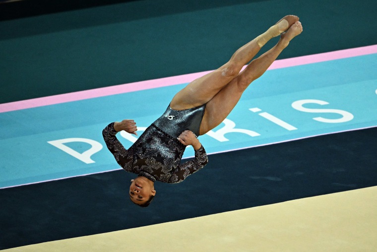 Sunisa Lee competes in the floor exercise event of the artistic gymnastics women's qualification during the Paris 2024 Olympic Games at the Bercy Arena in Paris, on July 28, 2024.