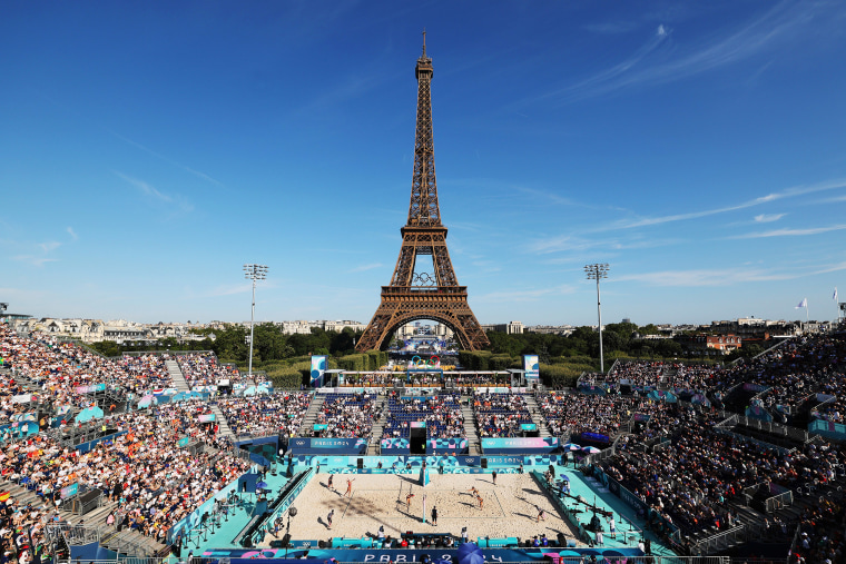 A general view during the Women's Preliminary Phase - Pool A match between Team Italy and Team Spain on day two of the Olympic Games Paris 2024 at Eiffel Tower Stadium on July 28, 2024 in Paris, France.