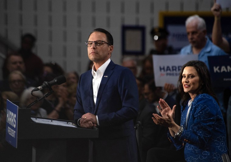 Image: Pennsylvania Governor Josh Shapiro speaks, flanked by Michigan Governor Gretchen Whitmer