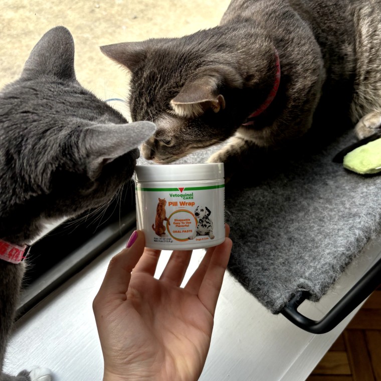 Two cats sniff the top of Vetoquinol Pill Wrap for their treat.